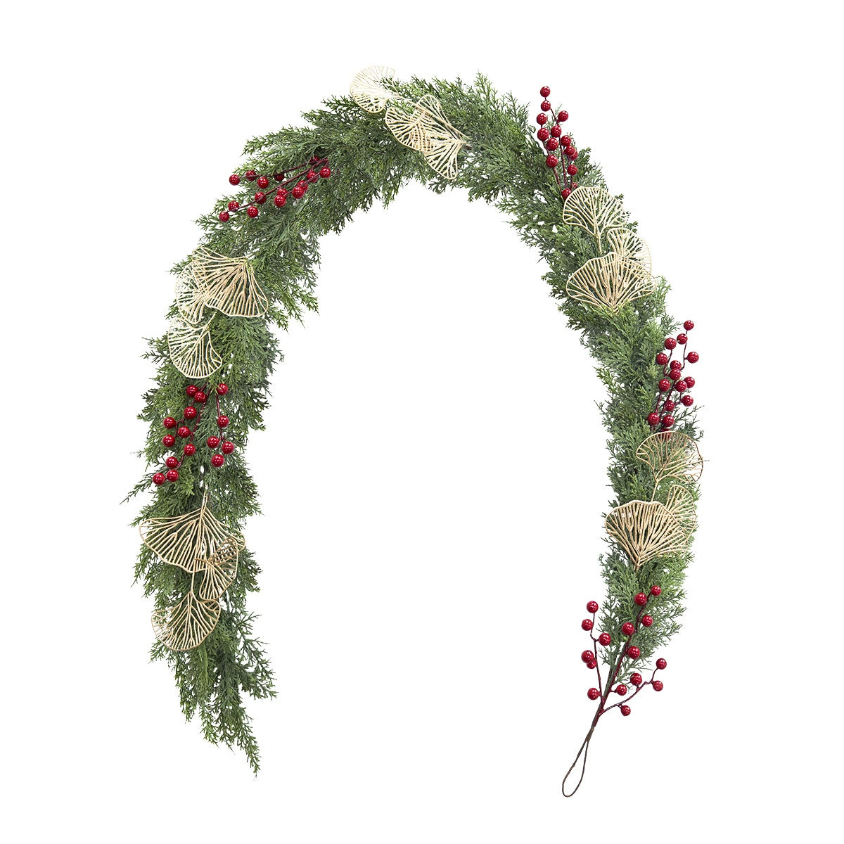 Künstliche Kiefernzweige mit goldenen Fächern und roten Beeren, 180 cm, für Weihnachtsdeko, Hochzeiten, Hoteldekoration