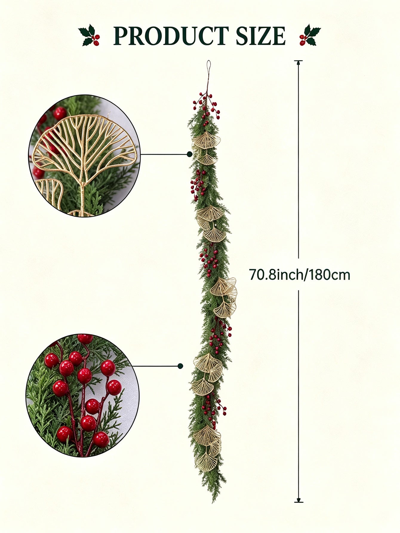 Künstliche Kiefernzweige mit goldenen Fächern und roten Beeren, 180 cm, für Weihnachtsdeko, Hochzeiten, Hoteldekoration
