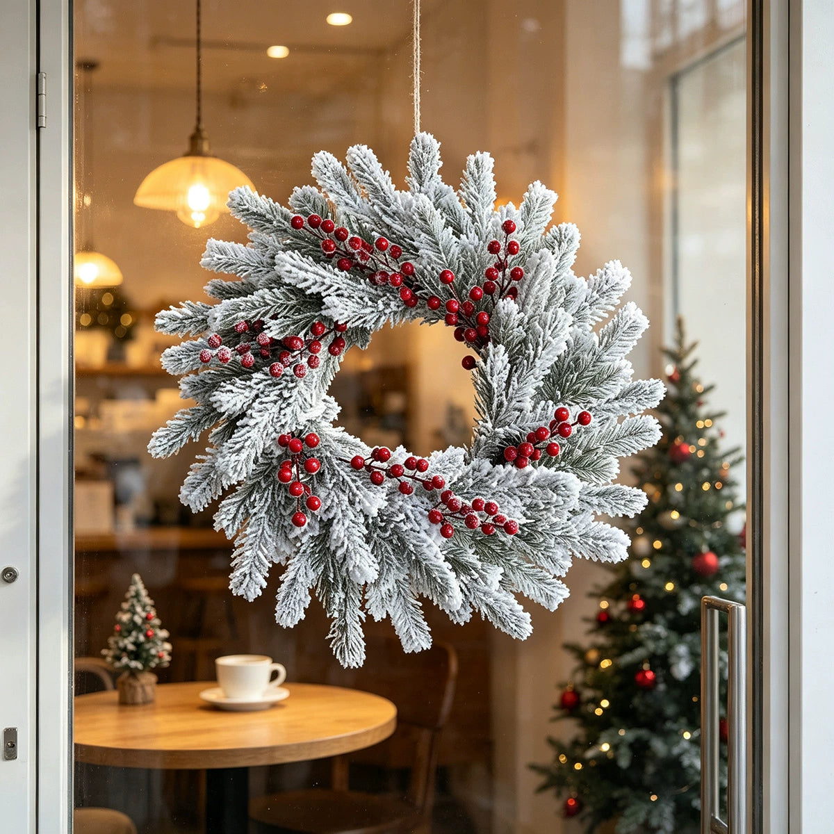 Weihnachtskranz mit Schnee und roten Beeren, 55 cm Durchmesser, realistisch, für Haustür, Fensterdekoration, Hochzeiten, Veranstaltungen
