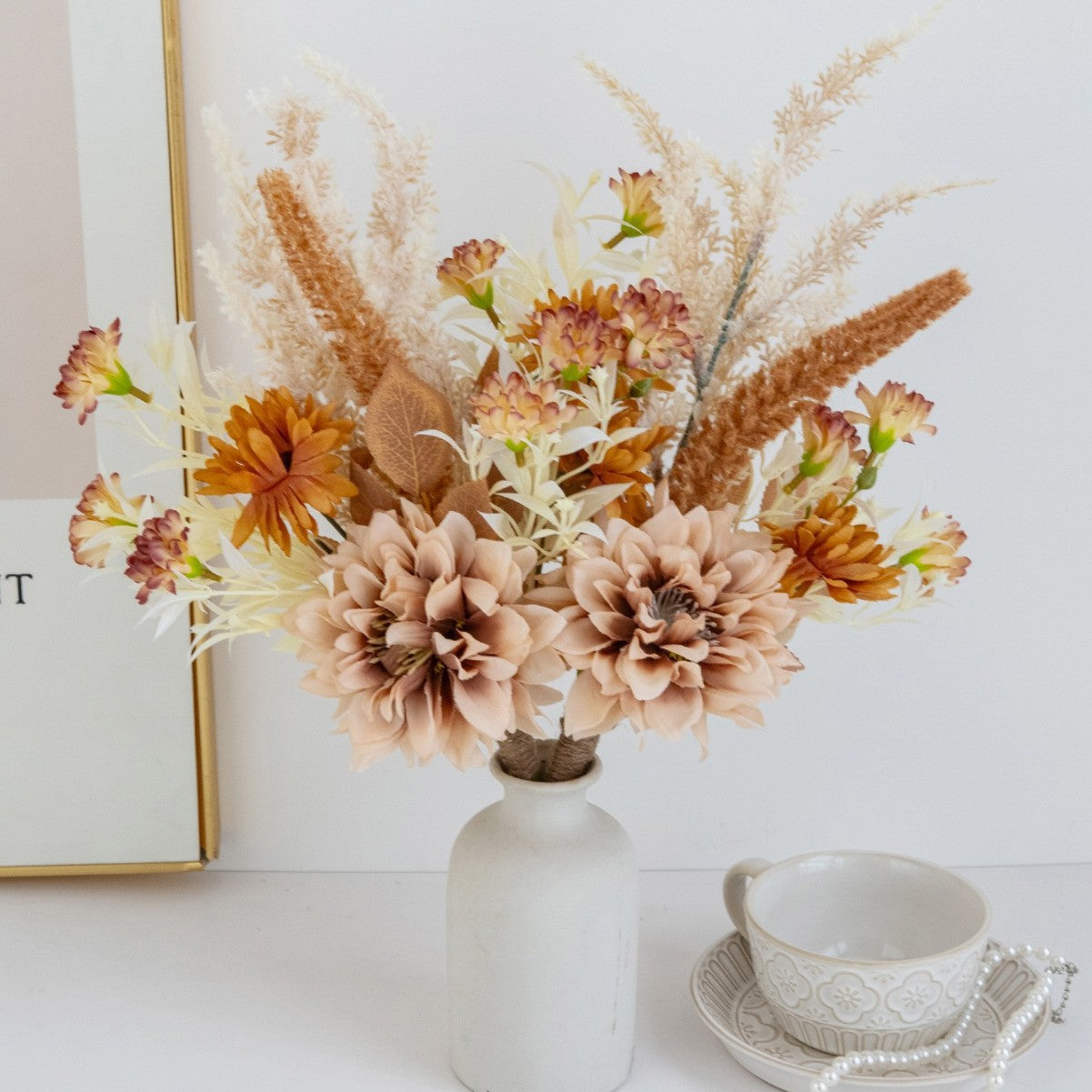 2 Kunstblumensträuße Dahlien Seide 46cm, Herbstdekoration, Hochzeitsevent, Wohnaccessoire, Innen- und Außenbereich