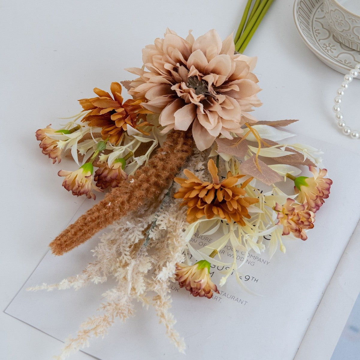 2 Kunstblumensträuße Dahlien Seide 46cm, Herbstdekoration, Hochzeitsevent, Wohnaccessoire, Innen- und Außenbereich