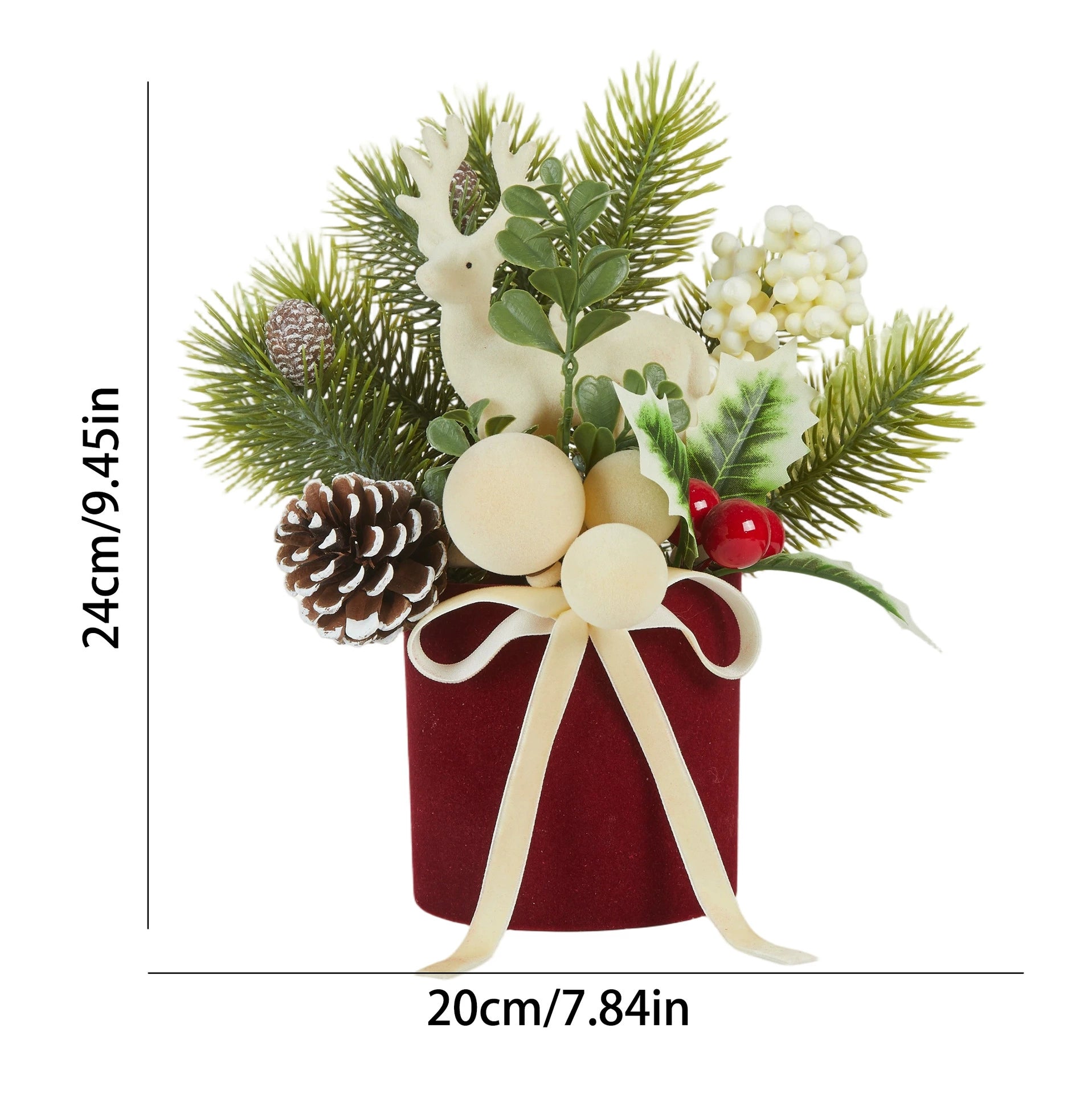 Flockierte Mini-Weihnachtsbaum mit Schleifenband-Dekor, 24 cm Höhe, realistisch wirkend, für Tischdeko, Laden-Display, Hochzeitsdekoration