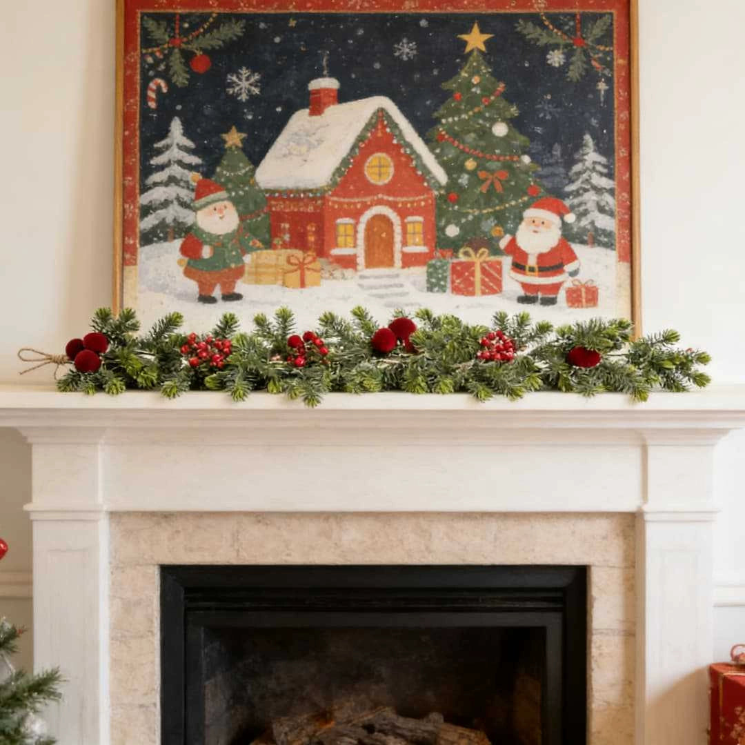 Weihnachts-Dekoration: 180 cm künstliche Kiefernzweige mit roten Beeren & 15 roten Samtkugeln – Real-Touch für Hochzeit, Grabgestaltung, Festtagsdeko, Treppe, Kamin