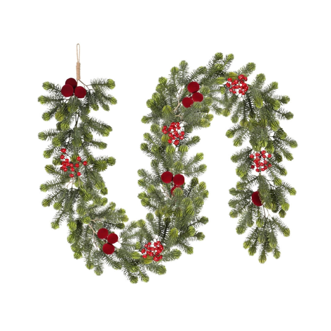 Weihnachts-Dekoration: 180 cm künstliche Kiefernzweige mit roten Beeren & 15 roten Samtkugeln – Real-Touch für Hochzeit, Grabgestaltung, Festtagsdeko, Treppe, Kamin