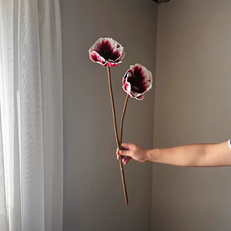 75cm große Mohnblume aus Real-Touch-Material, 2 Blüten, 14cm Durchmesser, lila, dunkelbraun, burgunderrot – perfekt für Hochzeiten, Wohnkultur, Einzelhandel