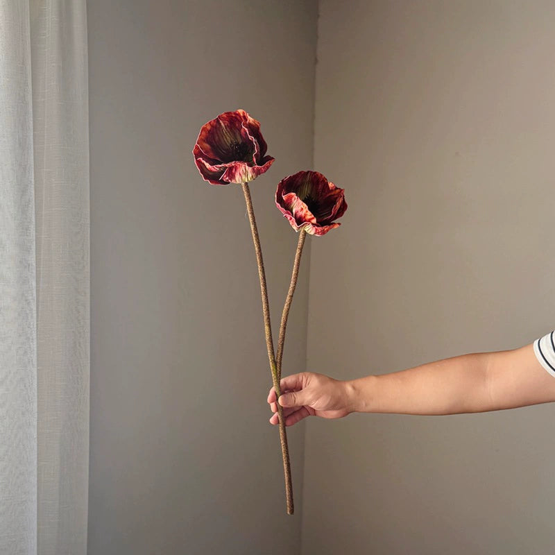 75cm große Mohnblume aus Real-Touch-Material, 2 Blüten, 14cm Durchmesser, lila, dunkelbraun, burgunderrot – perfekt für Hochzeiten, Wohnkultur, Einzelhandel