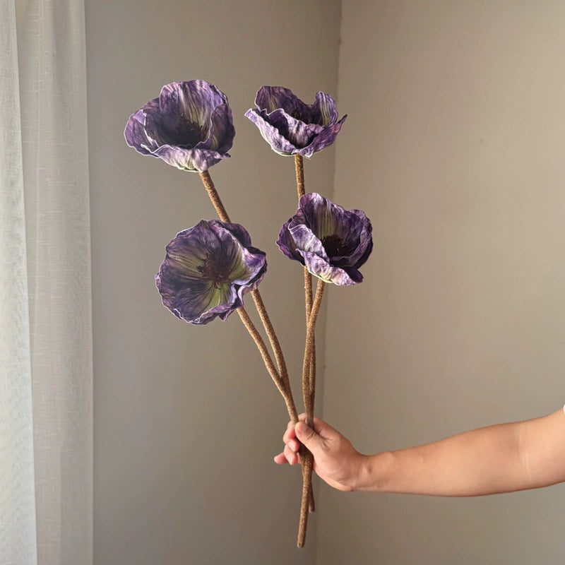 75cm große Mohnblume aus Real-Touch-Material, 2 Blüten, 14cm Durchmesser, lila, dunkelbraun, burgunderrot – perfekt für Hochzeiten, Wohnkultur, Einzelhandel