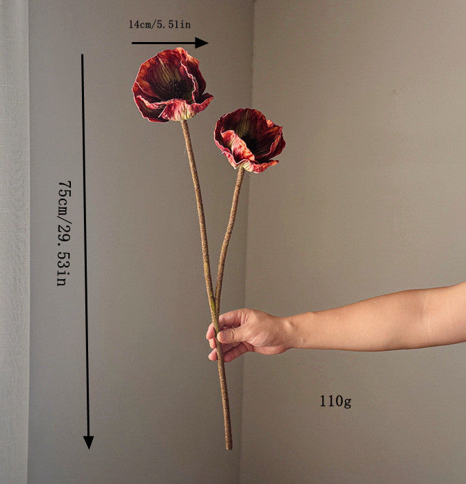 75cm große Mohnblume aus Real-Touch-Material, 2 Blüten, 14cm Durchmesser, lila, dunkelbraun, burgunderrot – perfekt für Hochzeiten, Wohnkultur, Einzelhandel
