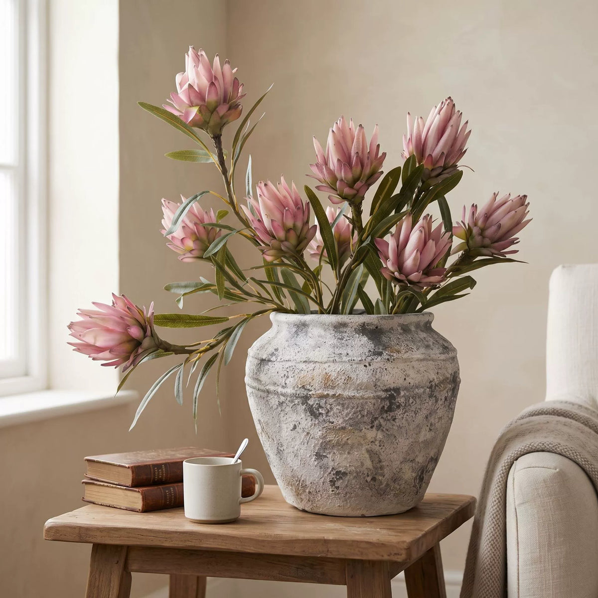 Künstliche Protea Blüte (Königsprotea) in Herbsttönen, 63 cm Länge, Real-Touch Seide, für Vasen, Hochzeitsdekoration, Wohnaccessoires