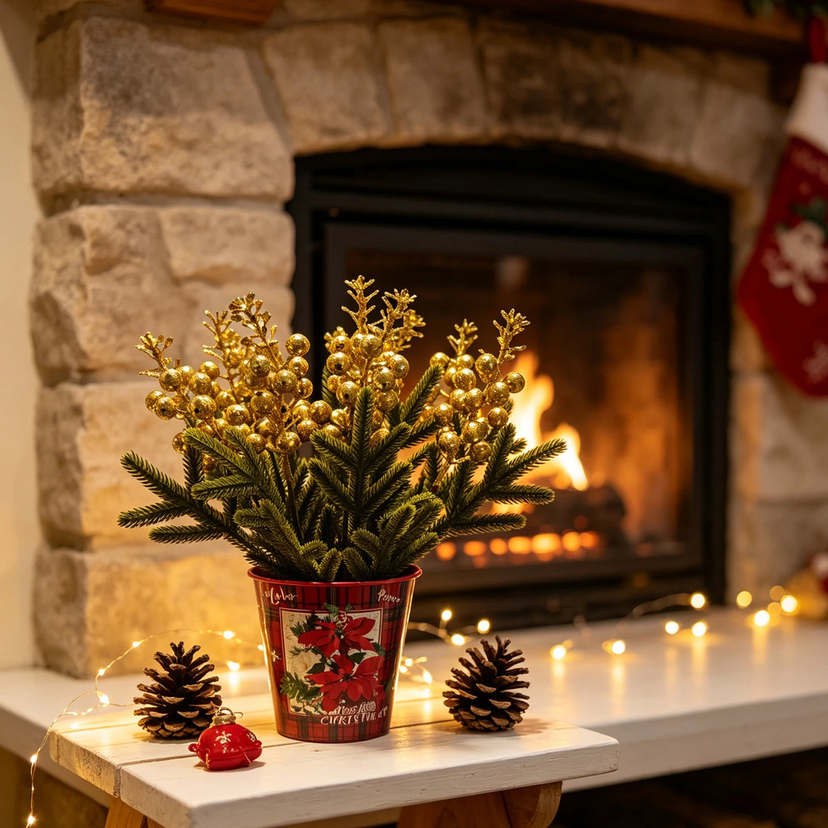 30 cm künstliche Kiefernzweige mit goldenen Beeren im Topf, Weihnachtsdeko, Tischdekoration, Hochzeitsevent, Ladenausstattung