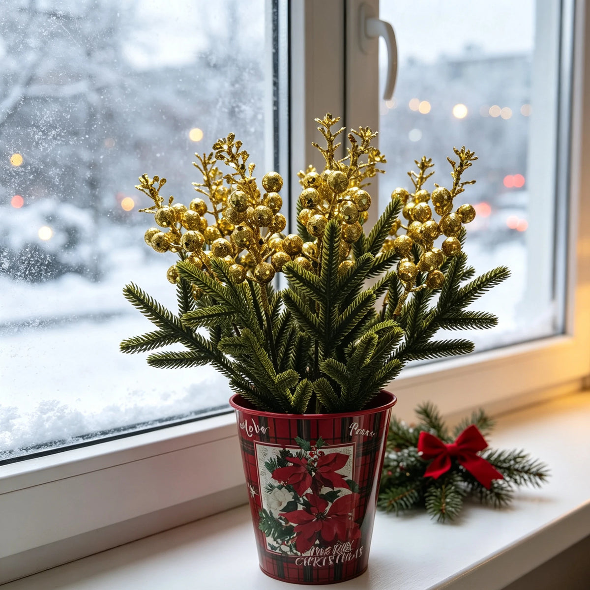 30 cm künstliche Kiefernzweige mit goldenen Beeren im Topf, Weihnachtsdeko, Tischdekoration, Hochzeitsevent, Ladenausstattung