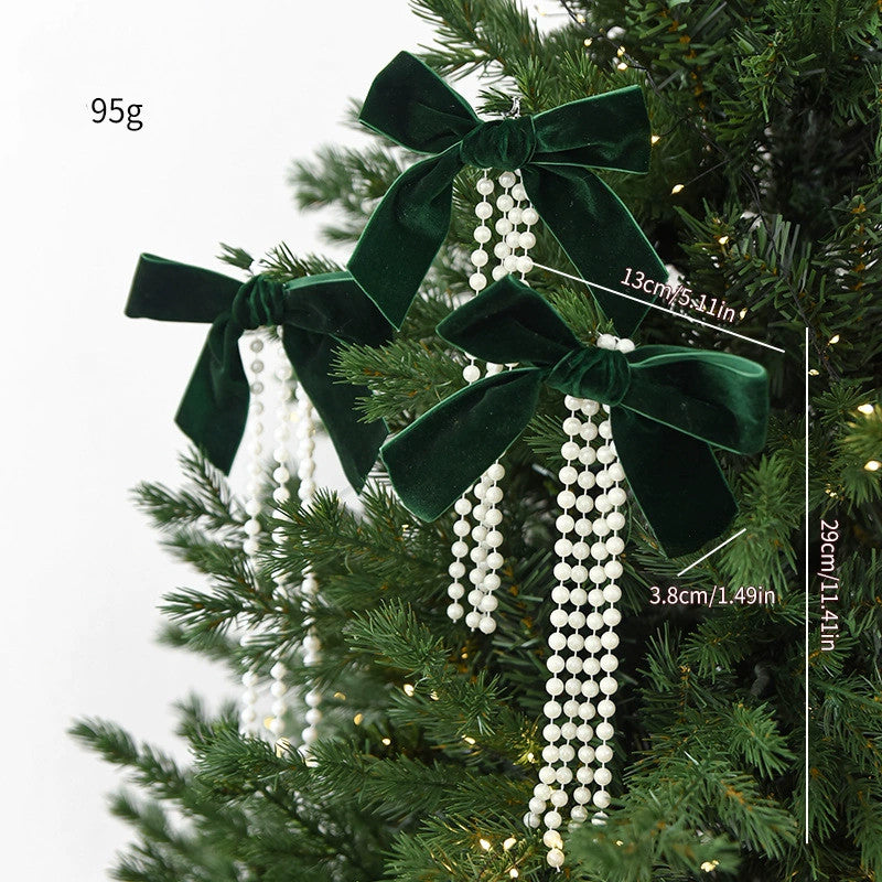 Weihnachtsschmuck Perlen-Schleifen Anhänger, Set mit 3 Größen (19cm, 15cm, 12cm), Weinrot, Dunkelgrün, Cremeweiß, für Weihnachtsbaum, Fensterdekoration, Hochzeitsdekoration