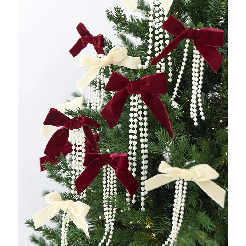 Weihnachtsschmuck Perlen-Schleifen Anhänger, Set mit 3 Größen (19cm, 15cm, 12cm), Weinrot, Dunkelgrün, Cremeweiß, für Weihnachtsbaum, Fensterdekoration, Hochzeitsdekoration