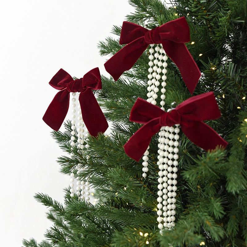 Weihnachtsschmuck Perlen-Schleifen Anhänger, Set mit 3 Größen (19cm, 15cm, 12cm), Weinrot, Dunkelgrün, Cremeweiß, für Weihnachtsbaum, Fensterdekoration, Hochzeitsdekoration