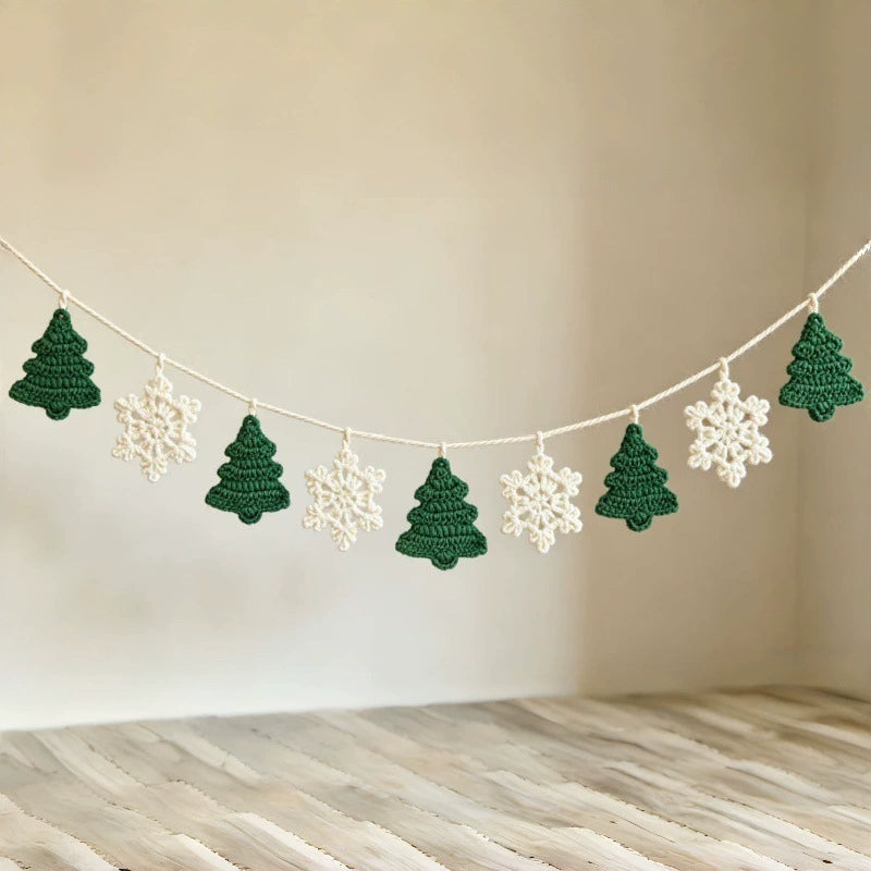 Weihnachts-Deko-Banner handgeflochten, 200 cm Länge, Schneeflocken & Tannenbaum-Motiv, Partydekoration, Ladenausstattung, Festtagsdekoration
