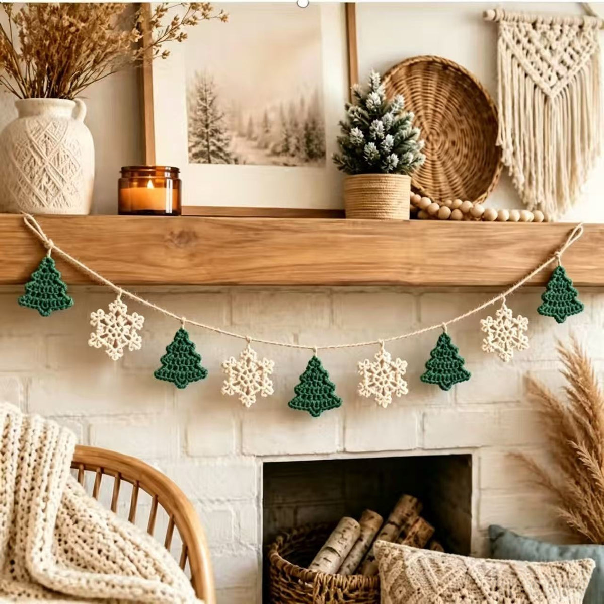 Weihnachts-Deko-Banner handgeflochten, 200 cm Länge, Schneeflocken & Tannenbaum-Motiv, Partydekoration, Ladenausstattung, Festtagsdekoration