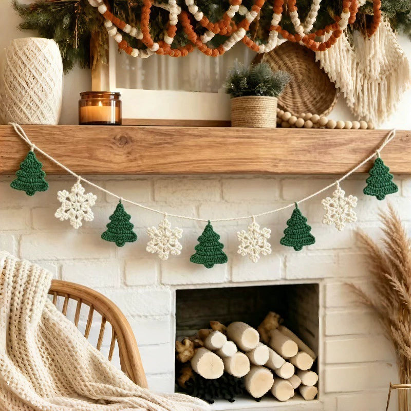Weihnachts-Deko-Banner handgeflochten, 200 cm Länge, Schneeflocken & Tannenbaum-Motiv, Partydekoration, Ladenausstattung, Festtagsdekoration