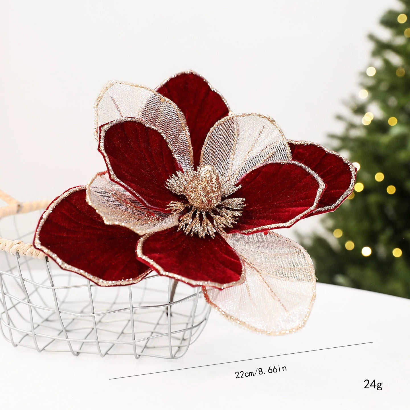 22 cm künstliche Weihnachtsdeko mit Glitzer, Stoffblumen in Weinrot, Grün oder Cremeweiß, für Fensterdekoration, Hotel & Einzelhandel