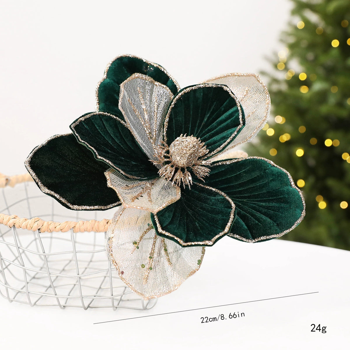 22 cm künstliche Weihnachtsdeko mit Glitzer, Stoffblumen in Weinrot, Grün oder Cremeweiß, für Fensterdekoration, Hotel & Einzelhandel