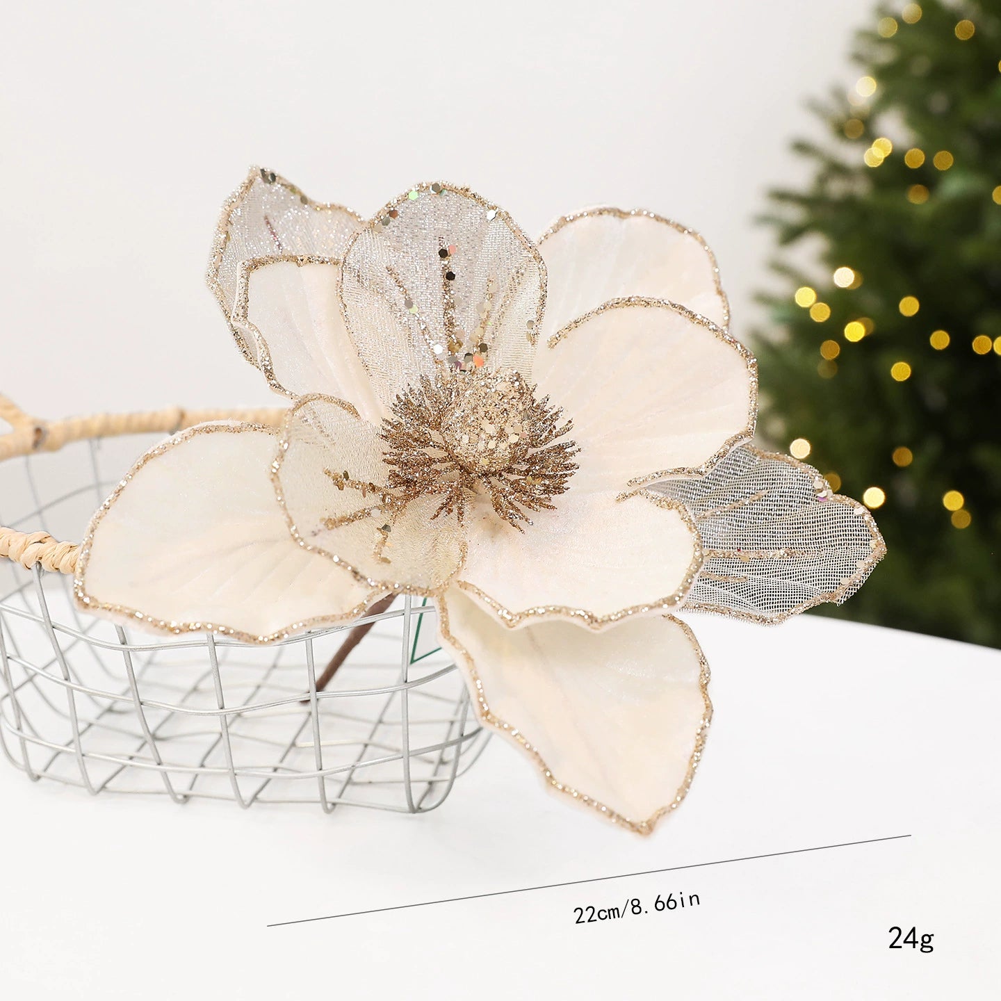 22 cm künstliche Weihnachtsdeko mit Glitzer, Stoffblumen in Weinrot, Grün oder Cremeweiß, für Fensterdekoration, Hotel & Einzelhandel