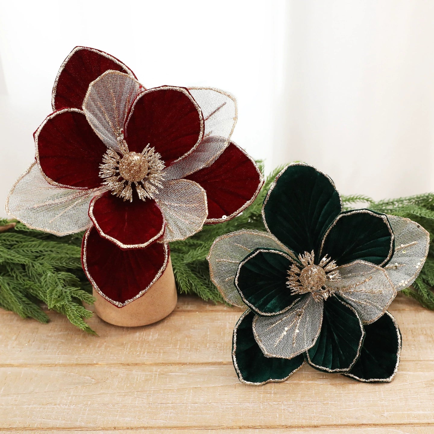 22 cm künstliche Weihnachtsdeko mit Glitzer, Stoffblumen in Weinrot, Grün oder Cremeweiß, für Fensterdekoration, Hotel & Einzelhandel