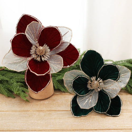 22 cm künstliche Weihnachtsdeko mit Glitzer, Stoffblumen in Weinrot, Grün oder Cremeweiß, für Fensterdekoration, Hotel & Einzelhandel