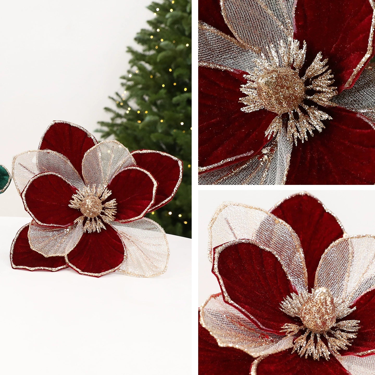 22 cm künstliche Weihnachtsdeko mit Glitzer, Stoffblumen in Weinrot, Grün oder Cremeweiß, für Fensterdekoration, Hotel & Einzelhandel