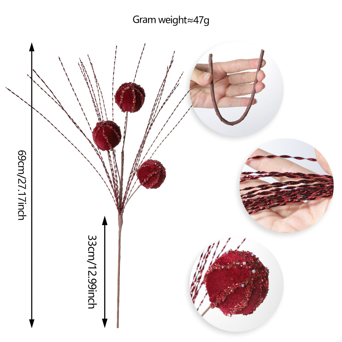 5er Set Christbaumschmuck, 69 cm hoch, Real-Touch Material, rot, grau, weiß, rosa, champagner, grün, für Weihnachtsdekoration, Hochzeiten, Einzelhandel