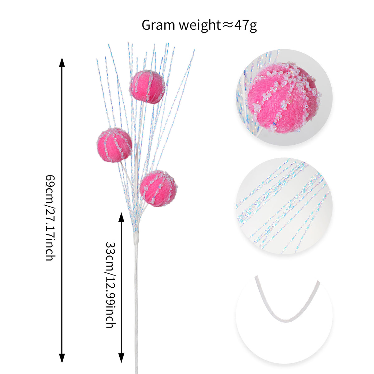 5er Set Christbaumschmuck, 69 cm hoch, Real-Touch Material, rot, grau, weiß, rosa, champagner, grün, für Weihnachtsdekoration, Hochzeiten, Einzelhandel
