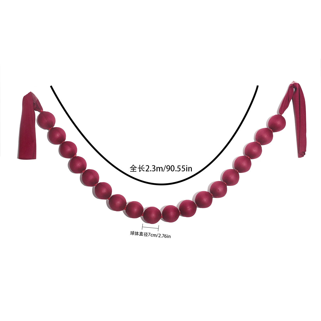 Rote Stoff-Kugelgirlande 230 cm, 18 Stück Ø7 cm – Weihnachtsdeko, Festtagsgestaltung, Ladenausstattung, Hochzeitsdekoration, ganzjährig nutzbar