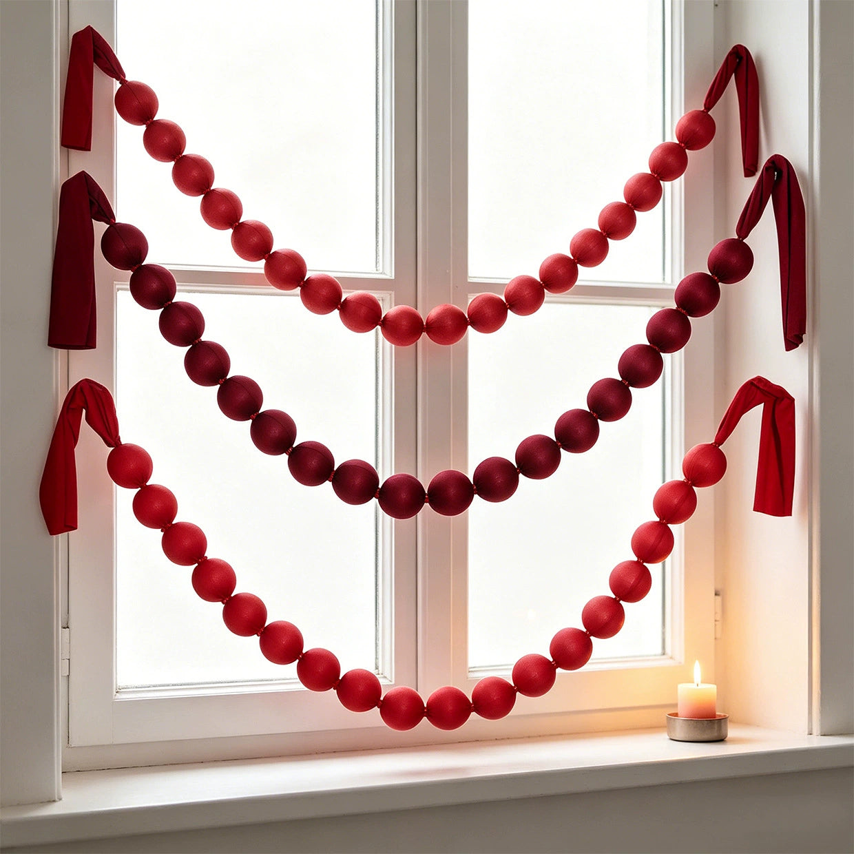 Rote Stoff-Kugelgirlande 230 cm, 18 Stück Ø7 cm – Weihnachtsdeko, Festtagsgestaltung, Ladenausstattung, Hochzeitsdekoration, ganzjährig nutzbar