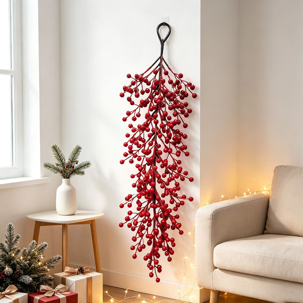 Weihnachtsdeko Rotbeeren Wandschmuck, 60 cm, Real-Touch Kunststoff, für Hochzeiten, Hotels, Einzelhandel, Wohnzimmer