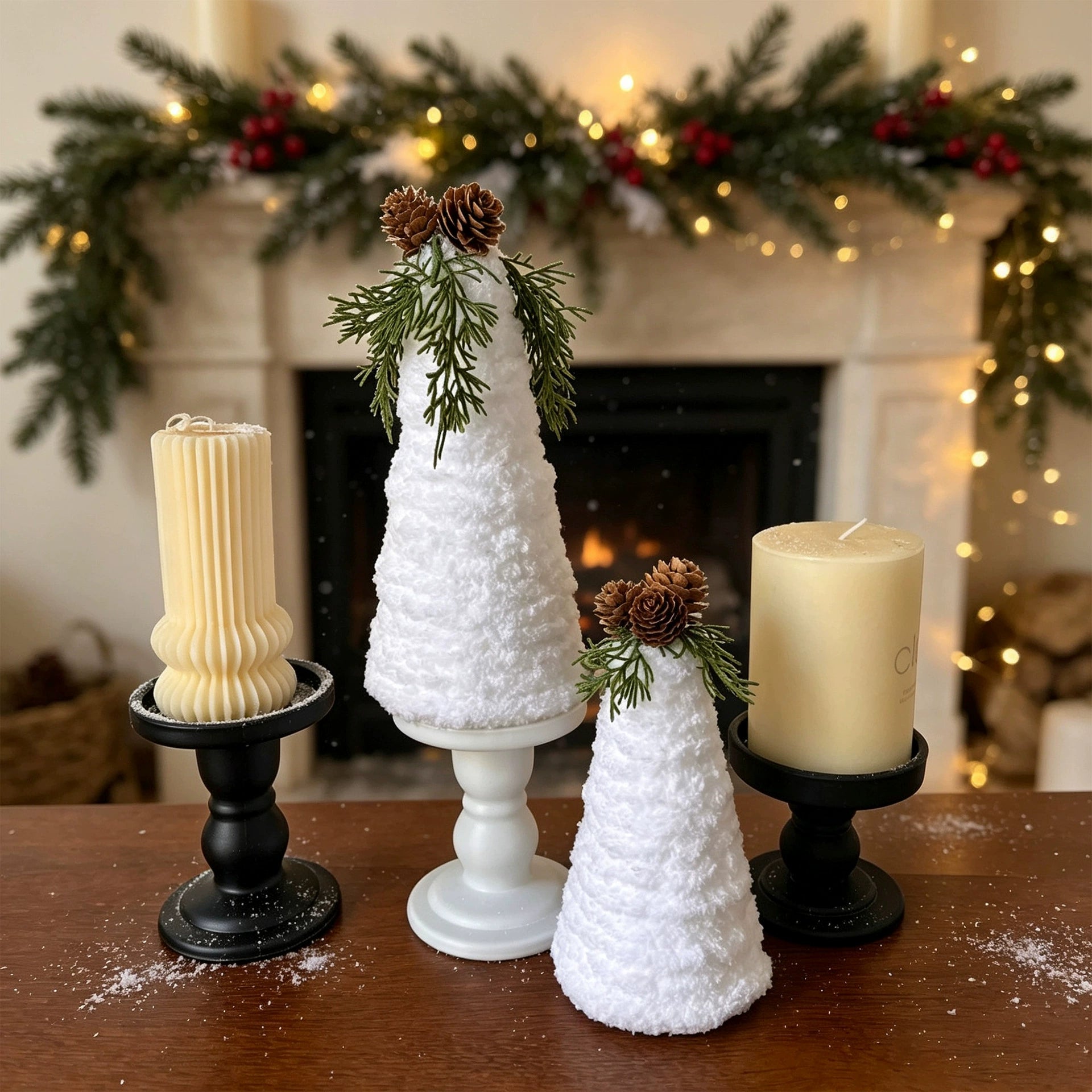 Weihnachts-Deko Set: 2x Tannenzapfen mit Kunstschnee, 9x21 cm & 8,5x17,5 cm, realistische Optik für Tisch, Kamin, Hochzeit, Grabgestaltung, ganzjährige Deko