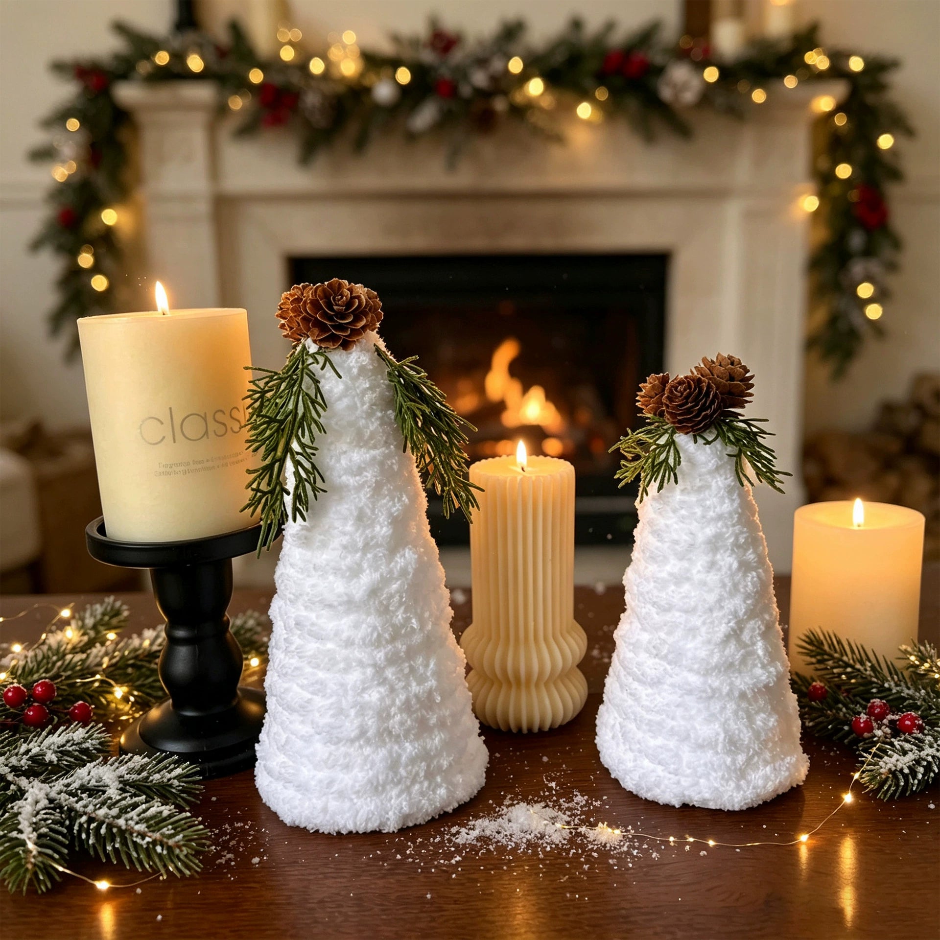 Weihnachts-Deko Set: 2x Tannenzapfen mit Kunstschnee, 9x21 cm & 8,5x17,5 cm, realistische Optik für Tisch, Kamin, Hochzeit, Grabgestaltung, ganzjährige Deko