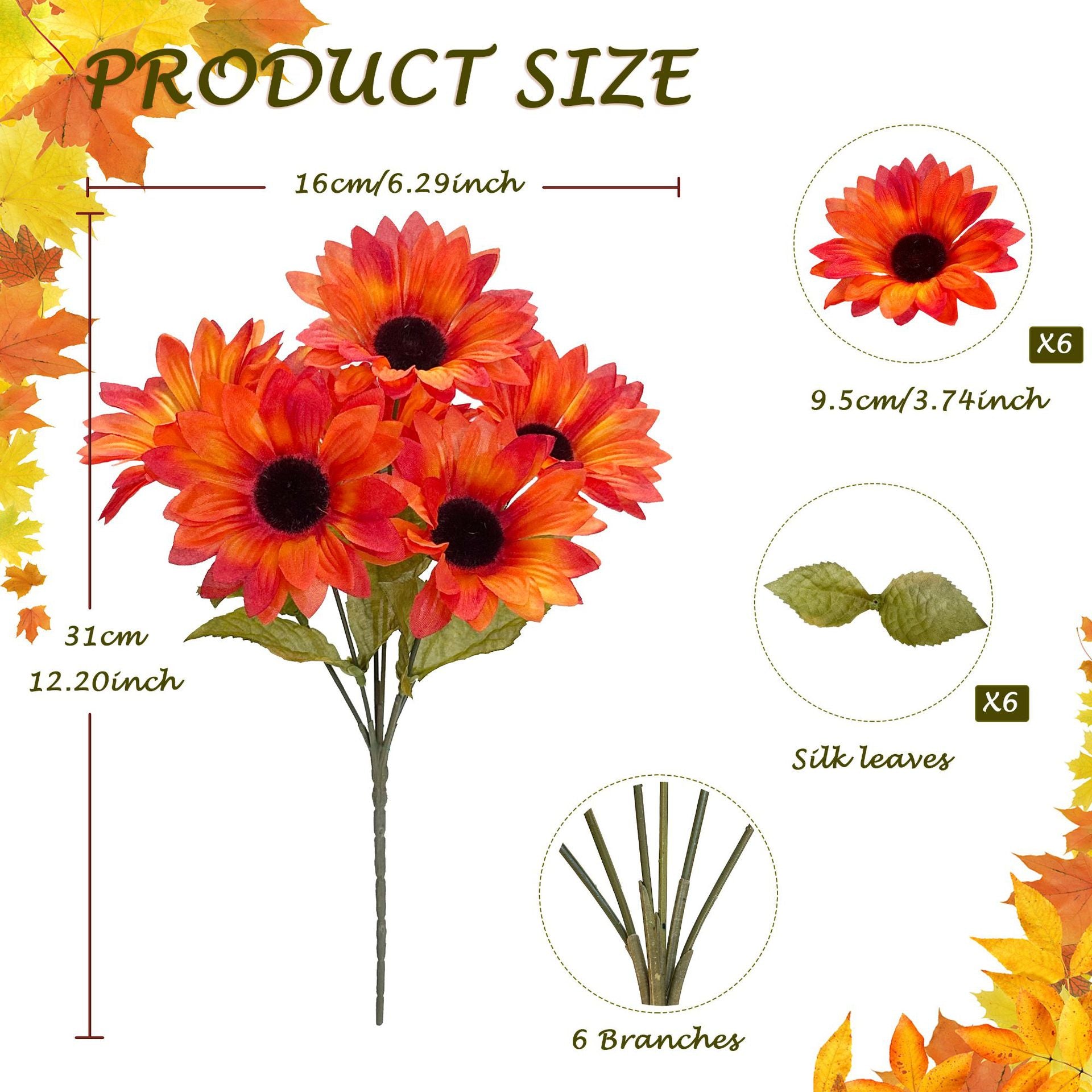 Künstliche Sonnenblumenstrauß, 6 Köpfe, 31 cm, Seidenstoff, Hochzeitsdeko, Grabschmuck, Innenraum, ganzjährig, ohne Vase