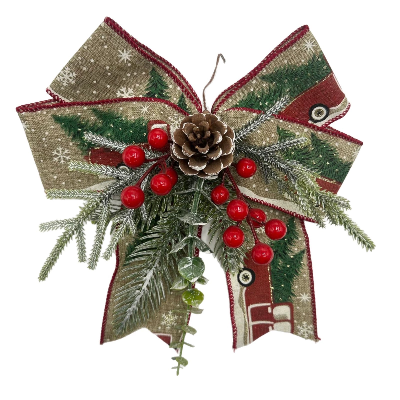 Weihnachts-Deko: Stoff-Schmetterlings-Schleife mit Tannenzweigen, 20x23x9 cm, rustikale Festtags-Dekoration für Haus, Hochzeit, Ladenlokal, Grabschmuck