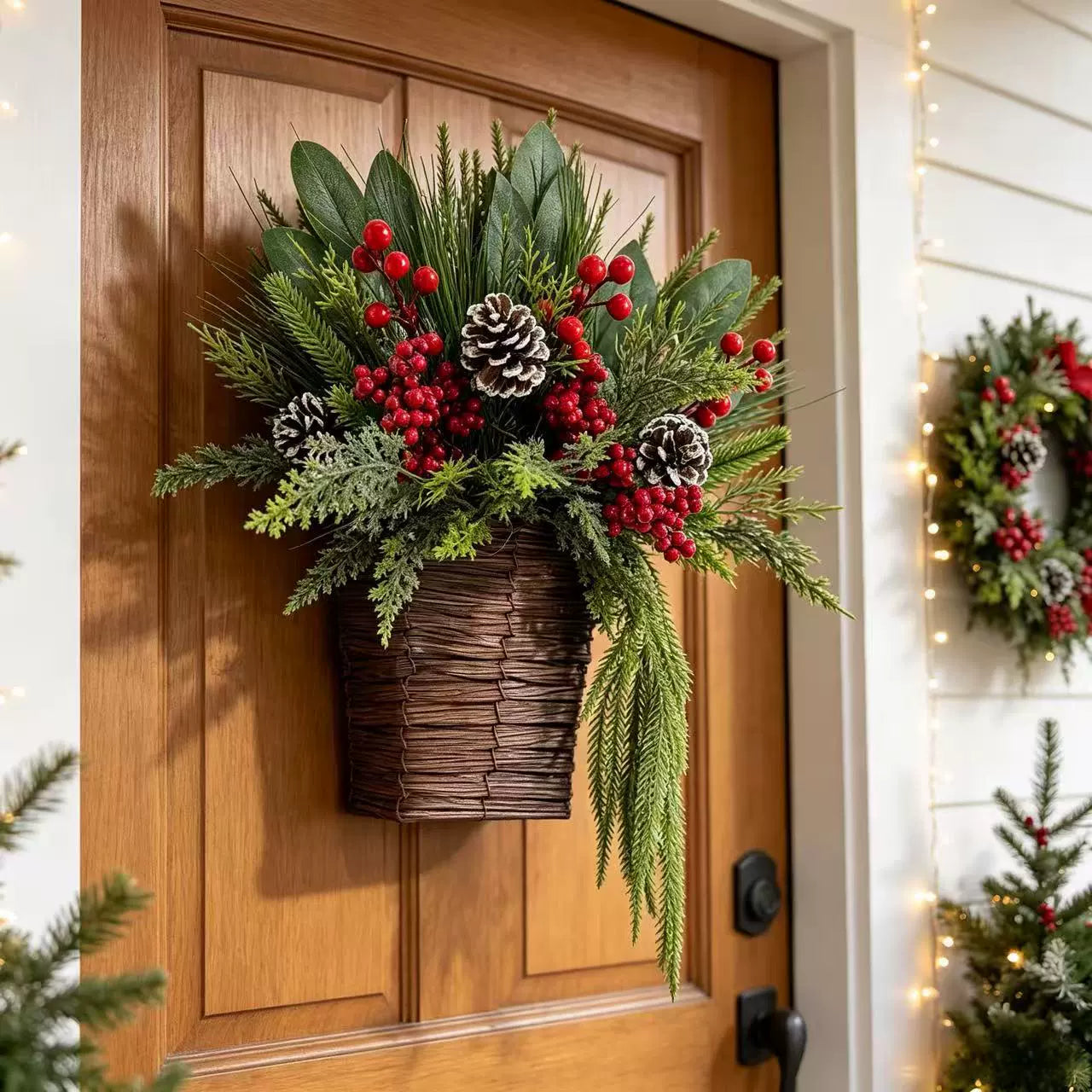 Weihnachtskranz Deko 38 cm mit Kiefernzapfen, roten Beeren und Tannengrün - realistischer Adventsschmuck für Tür, Wand, Tisch, Hotel, Café