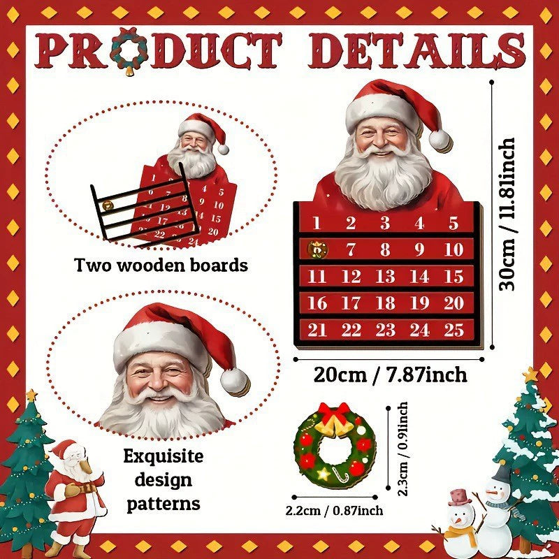 Holz Weihnachtskalender mit Santa Claus Motiv, 30cm hoch, Weihnachtsdekoration, Geschenkidee, Festtagsdeko