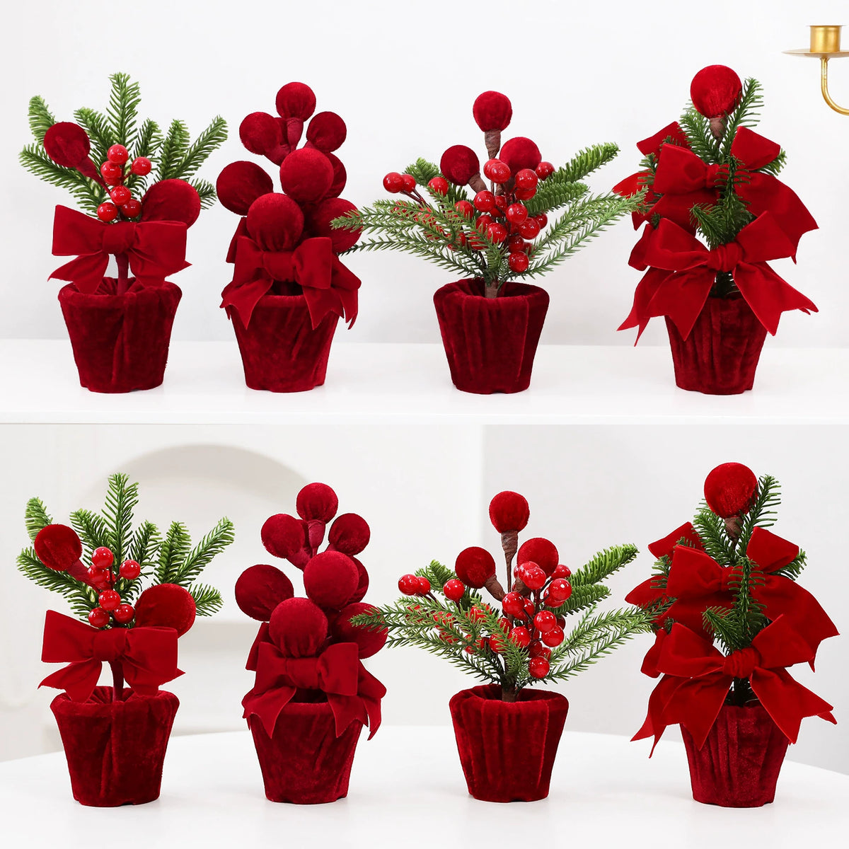 Weinrote Samt-Weihnachtskugeln im Topf, Weihnachtsdeko für Türschwellen, Schaufenster und Innenräume, Set von 4 Stücken