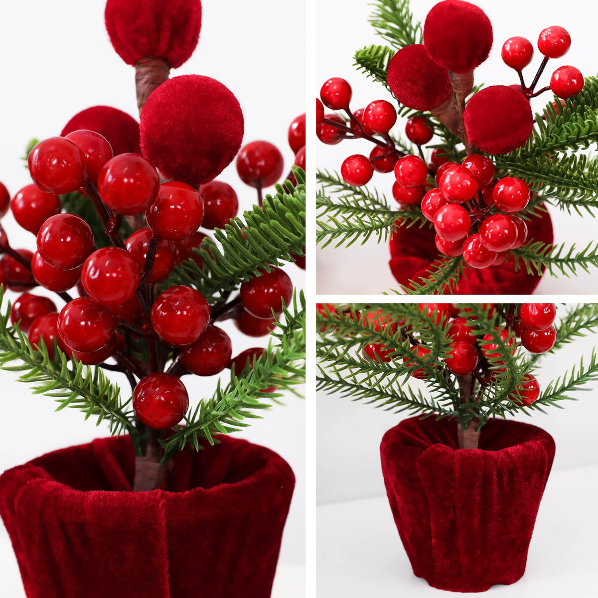 Weinrote Samt-Weihnachtskugeln im Topf, Weihnachtsdeko für Türschwellen, Schaufenster und Innenräume, Set von 4 Stücken