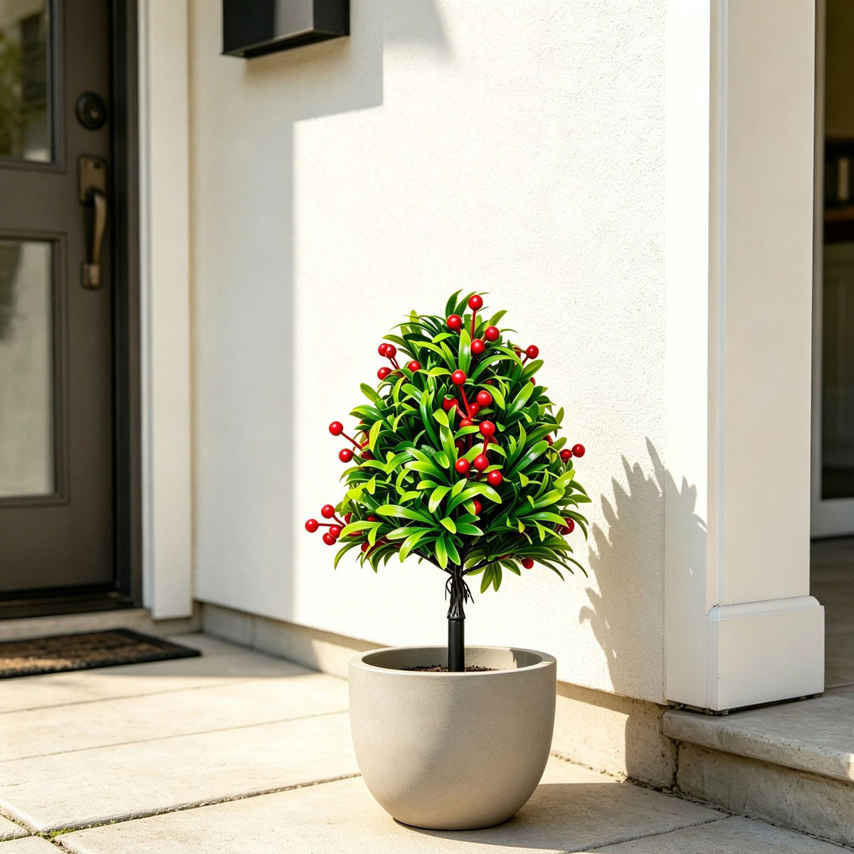 Künstliche Podocarpus mit roten Beeren, 45x25x25 cm, realistische Grünpflanze für Innenraum, Hochzeit, Grabgestaltung, LadenDeko