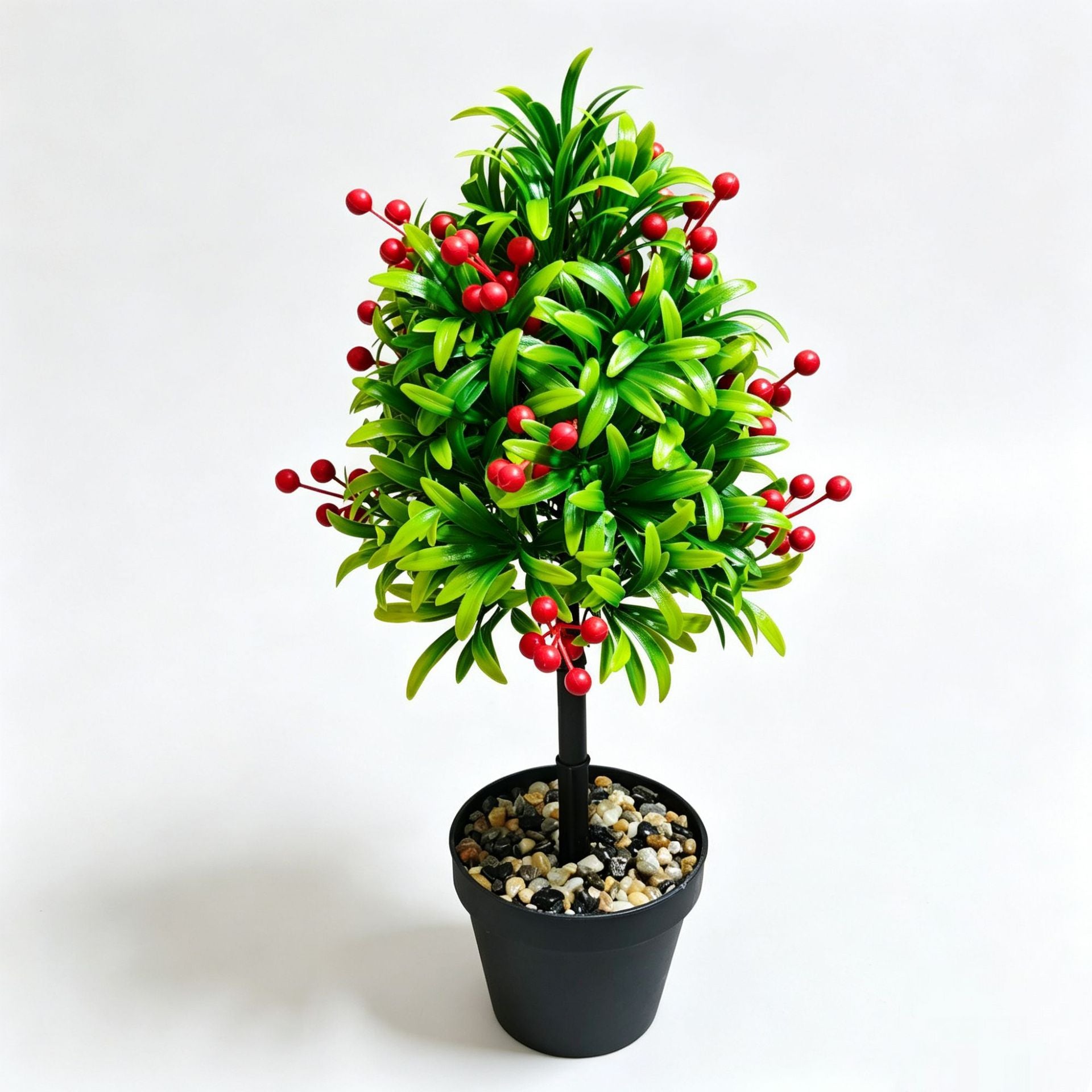 Künstliche Podocarpus mit roten Beeren, 45x25x25 cm, realistische Grünpflanze für Innenraum, Hochzeit, Grabgestaltung, LadenDeko