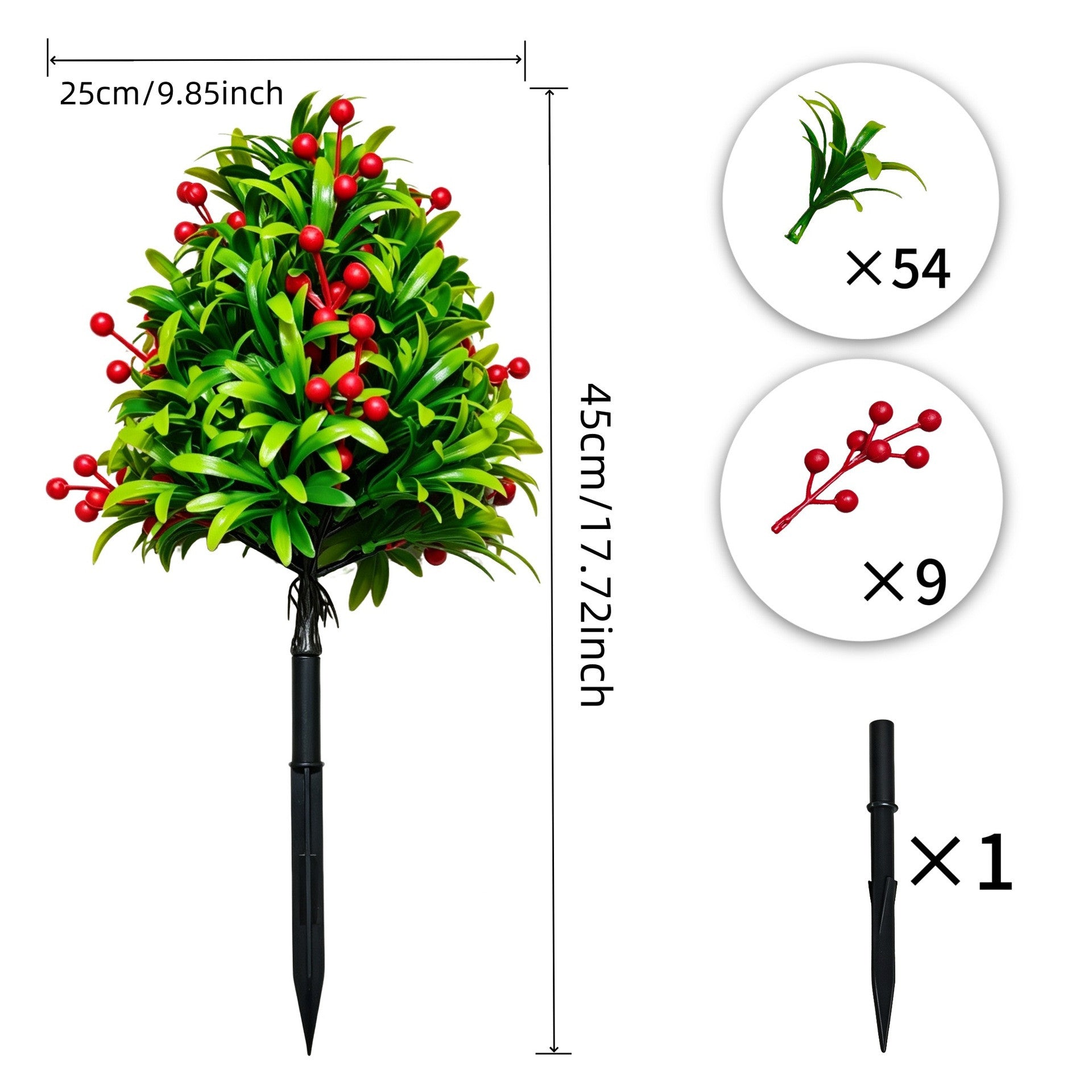 Künstliche Podocarpus mit roten Beeren, 45x25x25 cm, realistische Grünpflanze für Innenraum, Hochzeit, Grabgestaltung, LadenDeko