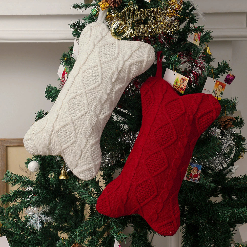Weihnachtsstrumpf aus Strick, 44 cm, Knochenmotiv, rot/grün/weiß, Christbaum-Deko, Geschenkbeutel, Festtagsdekoration