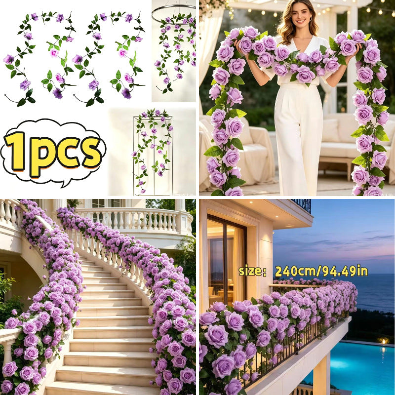 Künstliche Seidenrose Rankpflanze 240 cm, 9 Blüten, boho-modern für Hochzeit, Dekoration, Innen- & Außenbereich