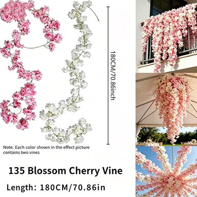 Künstliche Kirschblüten-Ranke, 185 cm, 135 Blüten, Seidenstoff, 2 Stück, modern & boho, für Hochzeit, Shop-Deko, Innenraum