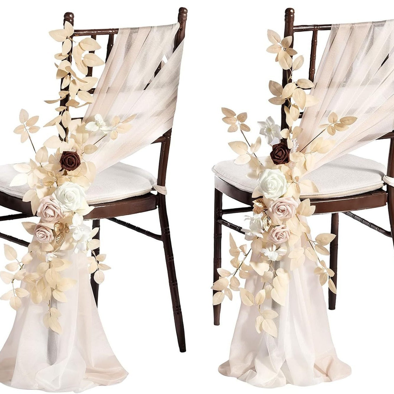 Künstliche Blume für Stuhldekoration, 60 cm, transparente Organza-Schleier, Set für Hochzeiten und Outdoor-Events