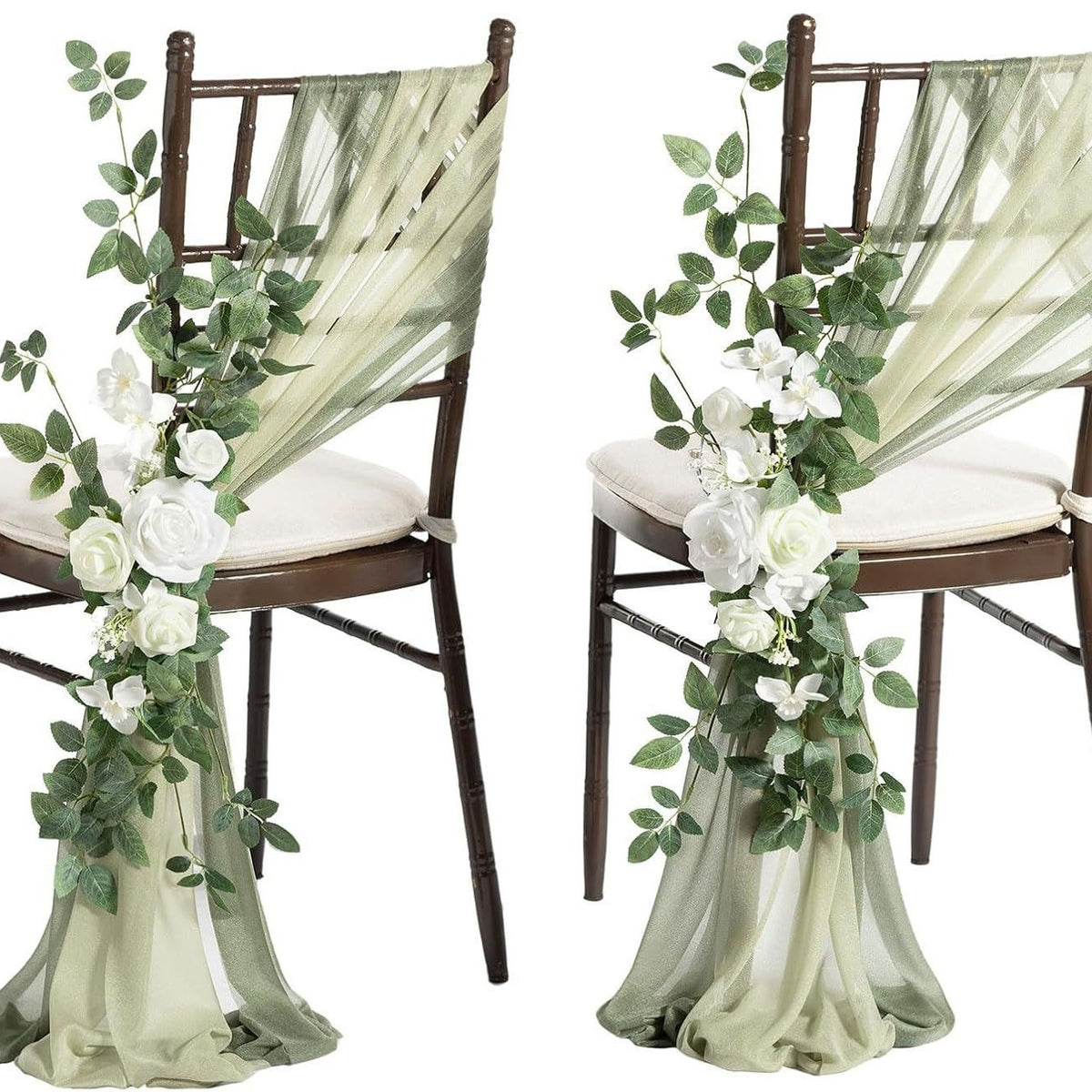 Künstliche Blume für Stuhldekoration, 60 cm, transparente Organza-Schleier, Set für Hochzeiten und Outdoor-Events