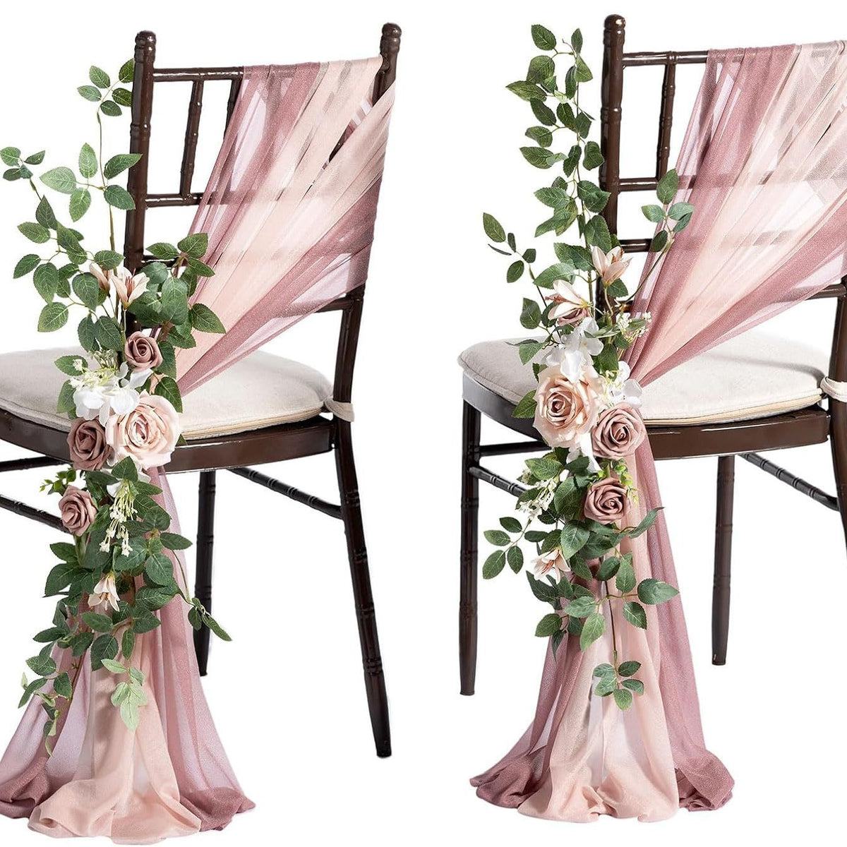 Künstliche Blume für Stuhldekoration, 60 cm, transparente Organza-Schleier, Set für Hochzeiten und Outdoor-Events