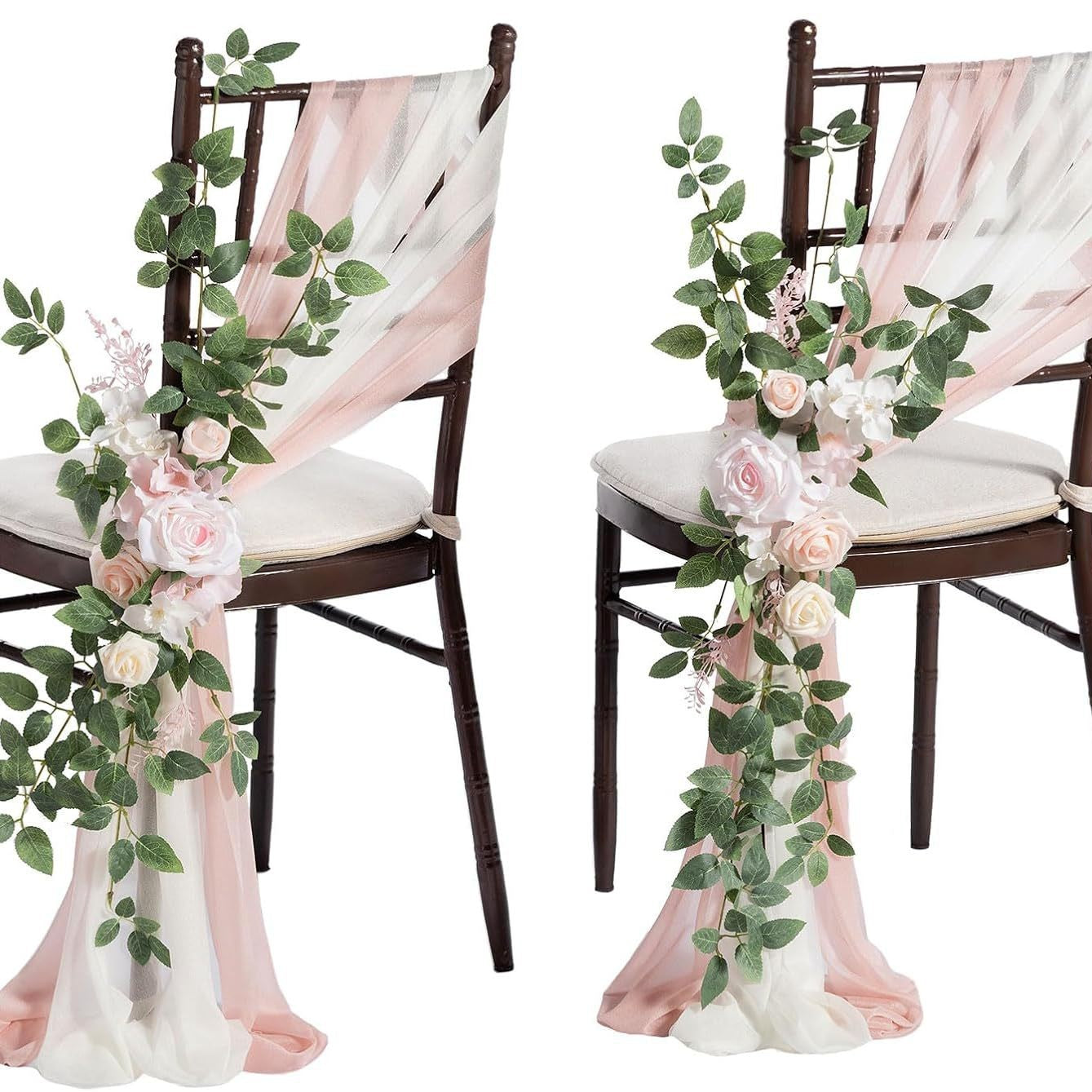 Künstliche Blume für Stuhldekoration, 60 cm, transparente Organza-Schleier, Set für Hochzeiten und Outdoor-Events